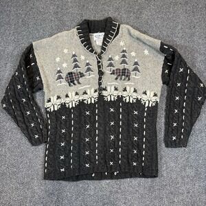 Vtg Frankenmuth Woolen Mill Bear Sweater‎ L Black Gray Cabin Knit Pullover